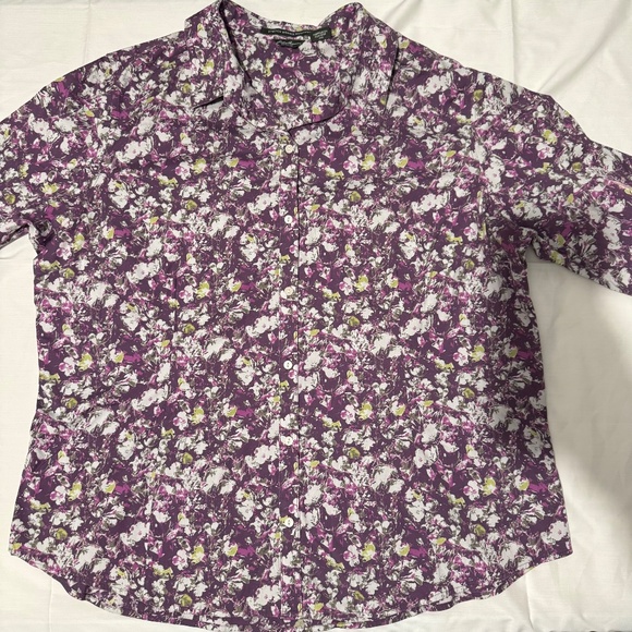 woman stretch wrinkle resistant floral purple / green long sleeve polo shirt - Picture 2 of 8